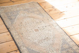 Right edge of the distressed Oushak rug mat, showing faded peach and slate grey texture.