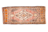 Vintage Oushak rug mat, expressive curvilinear medallion in faded wine, brown, tangerine, beige. 1'8