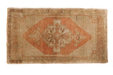 Vintage Oushak rug mat with burnt orange stepped medallion and beige gold geometric field, 1'9
