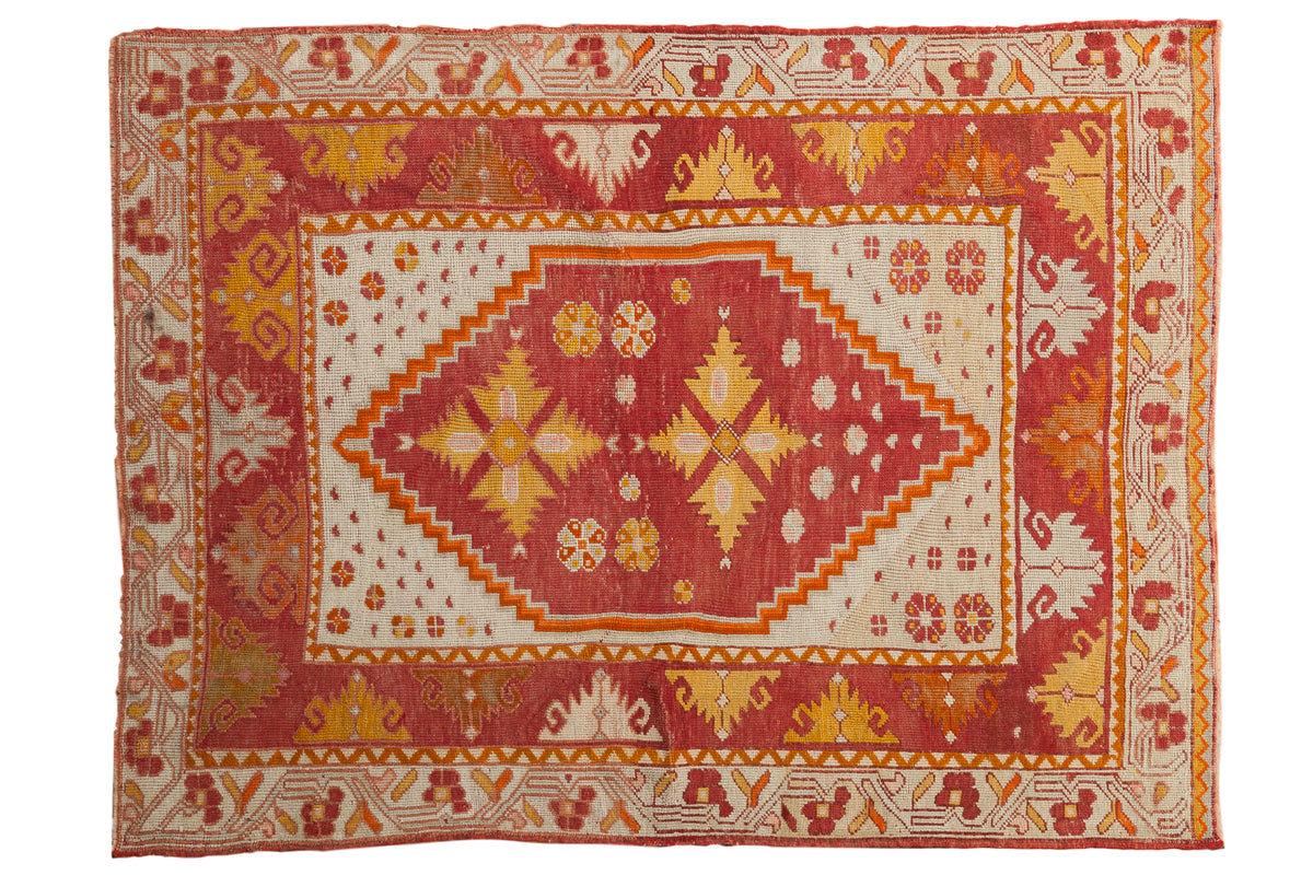 Vintage hand-knotted Oushak rug, serrated diamond medallion, cherry red, saffron yellow, ivory.