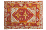 Vintage hand-knotted Oushak rug, serrated diamond medallion, cherry red, saffron yellow, ivory.