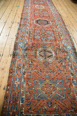 Distressed Karaja runner, geometric diamond motif with brick red, sky blue, camel tones.