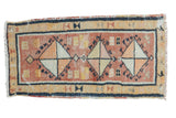 Vintage Oushak rug mat, faded terra cotta with triple diamond medallions, navy and ivory.