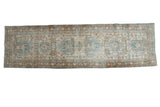 Vintage Heriz geometric runner with distressed light blue, beige, brown medallions, 3'3