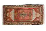 Vintage Oushak rug mat, blush and oxidized green field, geometric rams horn medallion.
