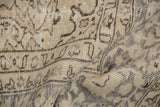 Distressed Oushak hand-knotted texture, showcasing muted curvilinear patterns in ivory and beige.