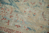 Luminous, worn pile texture of antique distressed Sultanabad rug in faded mallard green and terra cotta.