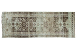 Oushak runner, geometric Caucasian medallions, brown, silver, ivory, subtle green, worn, 4x11.