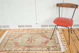 Distressed Turkish Oushak rug featuring muted celadon, burnt brick, and coffee brown patterns.