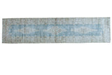 Distressed Oushak runner, triple medallions, teal field, geometric border, 2'9