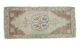 Vintage Oushak rug mat, sand field, blue-green medallion, brown borders, 1'6