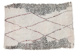 Hand knotted vintage Moroccan Berber rug, plush ivory, wine red diamonds, asymmetric charcoal.
