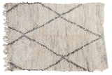 Vintage Moroccan Berber rug with shaggy ivory and charcoal geometric lattice, 4'7