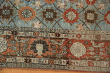 Light blue field meets orange-red border with bird and pomegranate motifs on vintage Veramin rug.