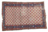 Hand-knotted distressed Malayer rug, 4x6, allover red pattern on ivory, indigo border.