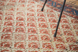 Repeating red blossoming flower motif on distressed ivory field, indigo border.