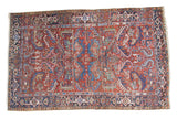 Vintage Heriz Carpet, exaggerated leaf motifs on brick red, with blues, greens, gold, 6'x9'4