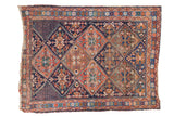 Vintage distressed Afshar square rug, tribal serrated lattice, rich terracotta, blue, green.