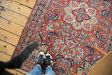 Vintage Arak Sarouk rug with a cherry red field, dense scrolling vines, and diverse floral motifs.