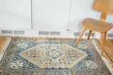 Fringed corner of Vintage Abadeh rug, teal blue border with peach apricot Qashqai motifs.
