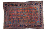 Hand-knotted Distressed Malayer rug, brick red Herati field, sky blue medallion.