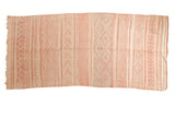 Vintage Moroccan embroidered Kilim runner featuring soft pink and beige tribal geometric patterns.