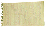 Lime green Moroccan Kilim rug, finely woven with geometric stripes, floral guls, and serpent motifs.