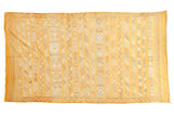 Saffron yellow Moroccan kilim rug with detailed embroidered geometric stripes, 4x7.5 feet.