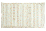 Finely woven hyper white Moroccan kilim rug with colorful geometric embroidered stripes, 4'8