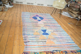 Vintage rag rug detail with bright geometric triangles and multicolored horizontal stripes.