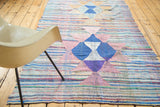 Dense weave and vibrant blue, pink, purple triangle motifs on this vintage rag rug.