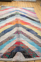 Detail of a Moroccan rag rug, showing vibrant multicolored chevron woven from recycled textiles.