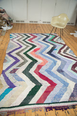 Moroccan rag rug's vibrant zigzag pattern and multi-colored fringe edge.
