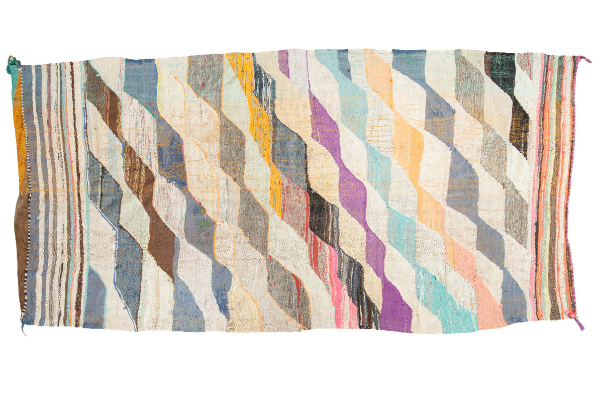 Dense vintage Moroccan Rag Rug with colorful diagonal pattern, 4'9" x 9'4".