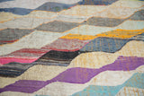 Detail of running diagonal motif on vintage rag rug in purple, orange, blue, ivory.