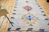 Corner of a colorful vintage Moroccan rag rug with blue geometric shapes and woven texture.