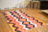 Vintage rag rug corner with faded orange, red, black, off-white zig-zag chevron pattern.