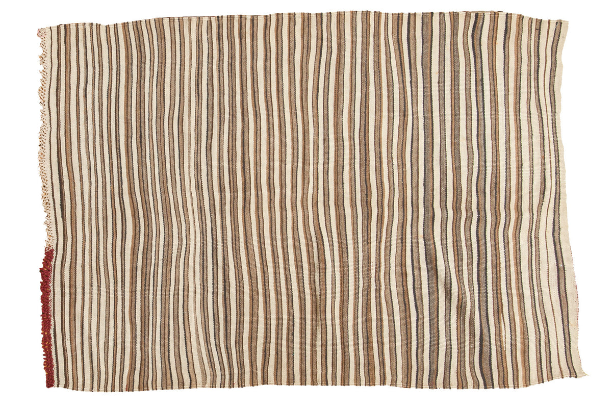 Vintage Moroccan Kilim rug, striated ivory, coffee, and charcoal striped pattern.