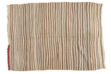 Vintage Moroccan Kilim rug, striated ivory, coffee, and charcoal striped pattern.