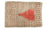 Distressed Vintage Oushak Prayer rug, cinnabar red mihrab, geometric sand-beige border. 4'1