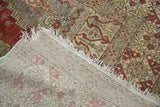 Distressed vintage Oushak rug's foundation, pile with cinnabar tones, and tattered fringe.