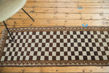Hand-knotted vintage Oushak runner, natural ivory and brown checker pattern, featuring a wave border.