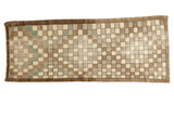 Vintage Oushak distressed runner rug, checkered pattern of ivory, silver, brown, and green. 2'9