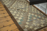 Textured distressed vintage Oushak runner with ivory, silver, brown, and green checks.