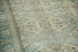 Vintage Turkish Kaisary rug, distressed Seychour Kuba geometric pattern, copper green and sand.
