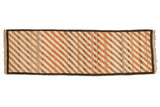 Vintage Gabbeh runner, diagonal ivory, copper, and brown stripes, dark charcoal border.