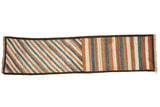 Vintage Qashqai Gabbeh runner with geometric ivory, copper, and teal stripes, charcoal border.