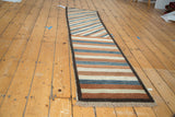 Vintage Qashqai Gabbeh runner with plush pile, diagonal and horizontal ivory, copper, teal stripes.