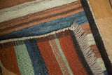 Fringe and thick plush pile of a Qashqai Gabbeh rug with copper, teal, ivory stripes.