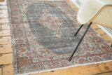 Vintage Oushak rug's decorative arabesque border with faded brick, beige and distressed texture.